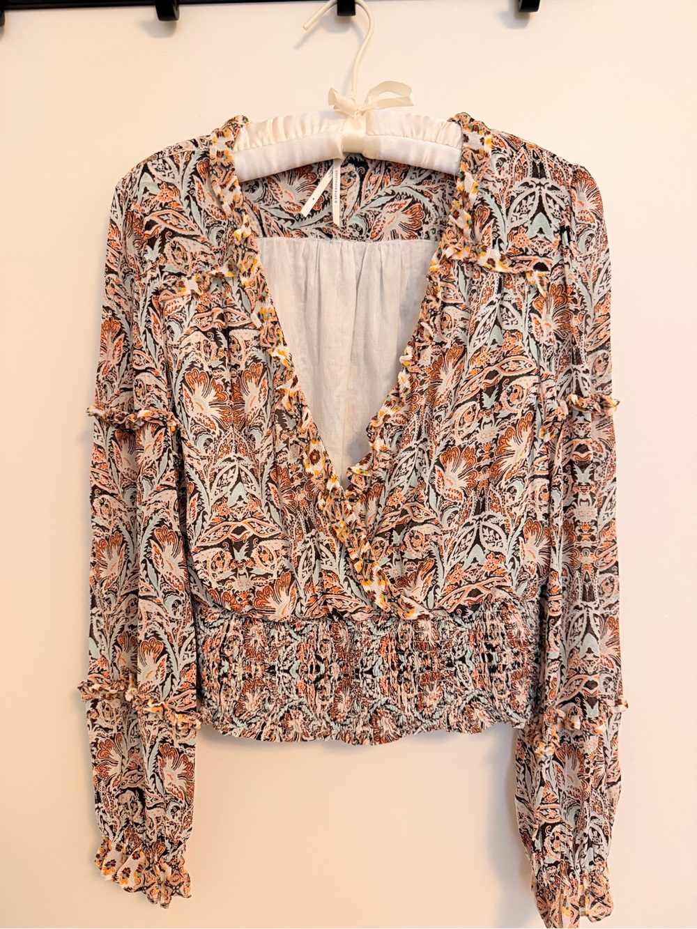 Anthropologie Floral V-Neck Smocked-Waist Blouse in Tangrine and Cream